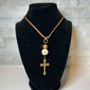 357 27” Suede Necklace with Tudor Style Cross & Bone Charms